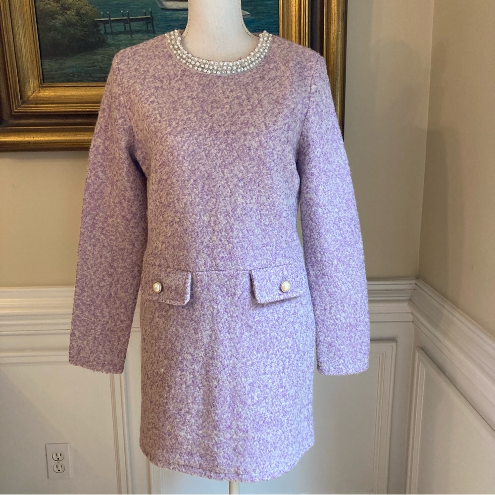 ZARA Purple Tweed Boucle Pearl Dress